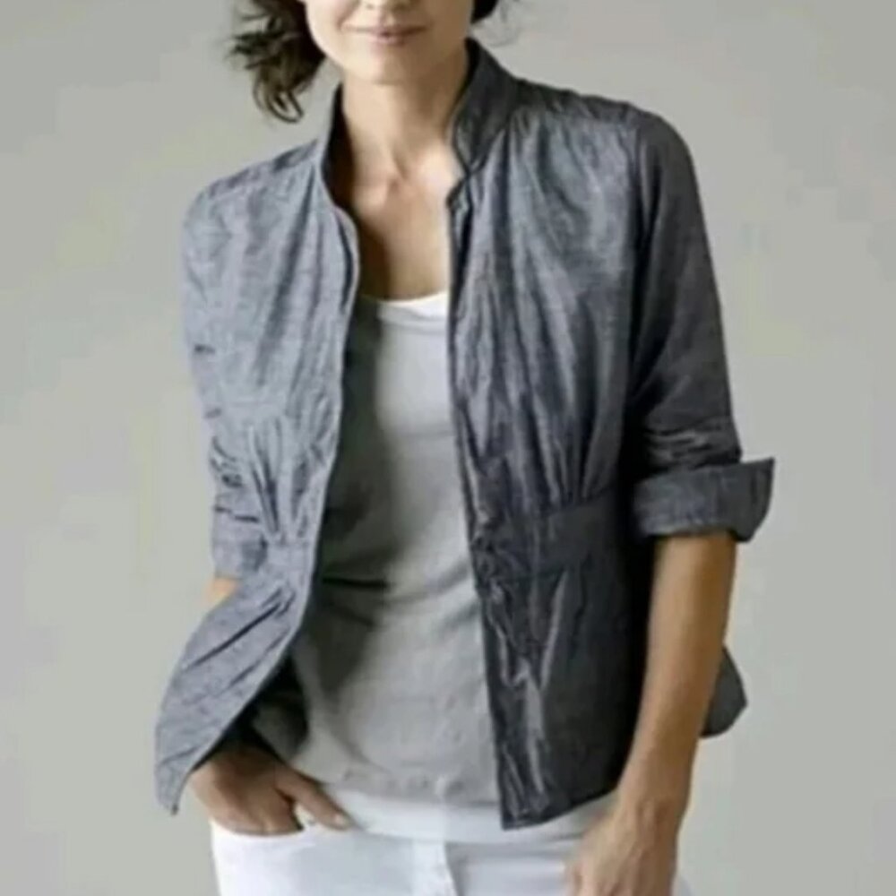 EILEEN FISHER COTTON CHAMBRAY SHIRT JACKET SHAKET 2-BUTTON FITTED WAIST PEPLUM S